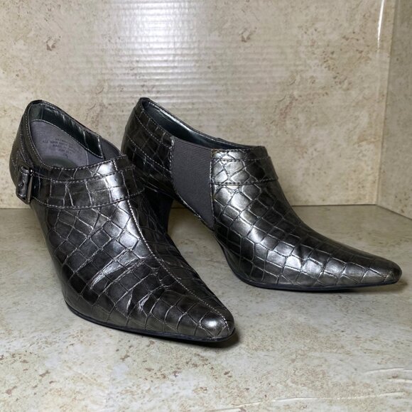 Anne Klein Shoes - Anne Klein Womens Metallic Croc-Embossed Faux Leather Heeled Booties
